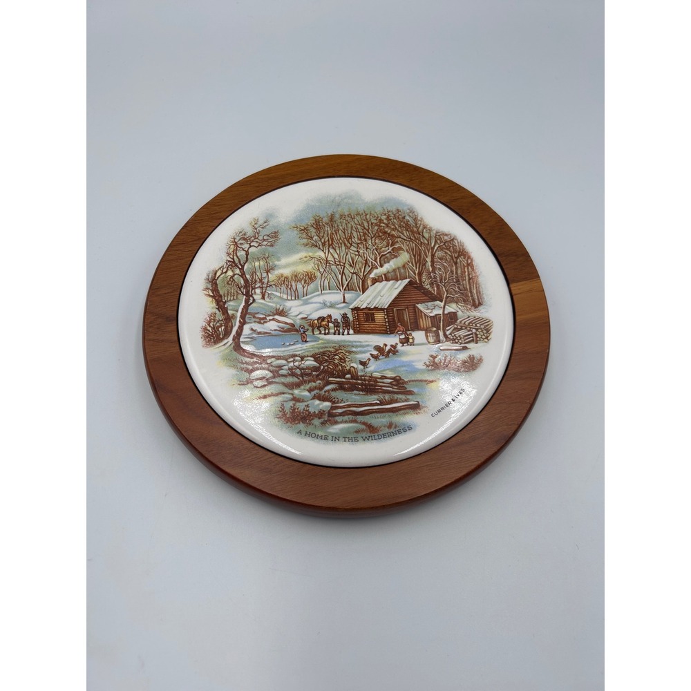 Amana Society Walnut Wood Trivet Currier & Ives Home In The Wilderness Tile 8in